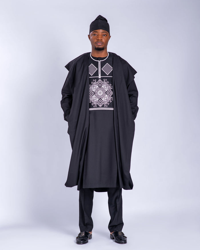 Malik Men’s 3-Piece Embroidered Agbada Set – Black