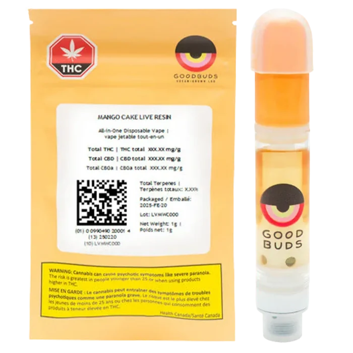 Front-facing image of a Mango Cake Live Resin Vape Cartridge and its yellow Good Buds branded pouch, the cartridge shown upright with orange oil visible.