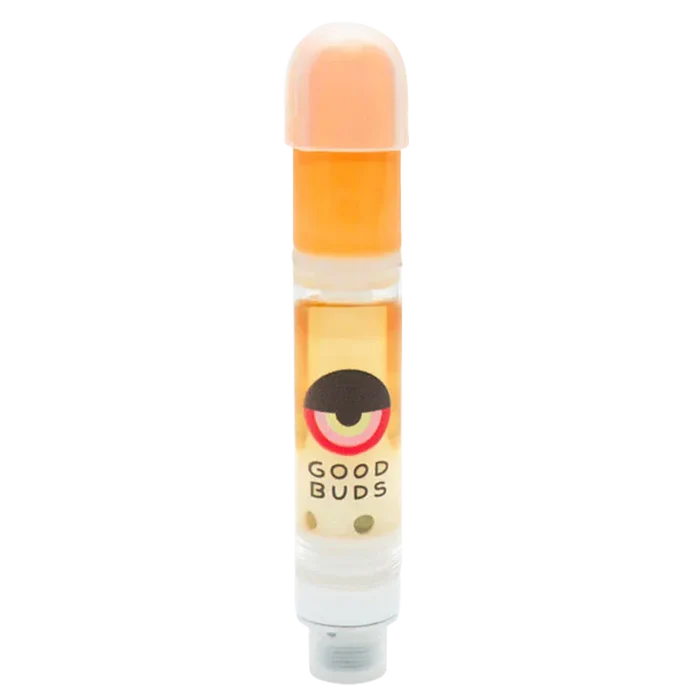 Straight-on view of a filled Mango Cake Live Resin Vape Cartridge from Good Buds, showing amber oil and the brand's circular logo on a white background