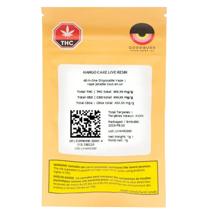 Rear view of the yellow pouch showing the label and QR code for Mango Cake Live Resin Vape Cartridge.