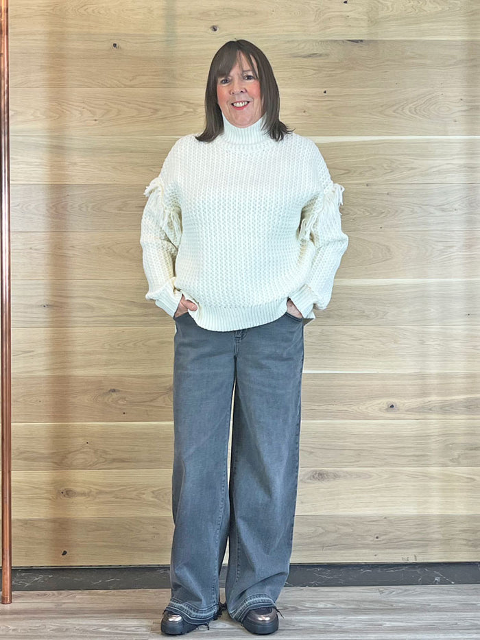 Marc Aurel Textured Jumper with Fringes Cream
