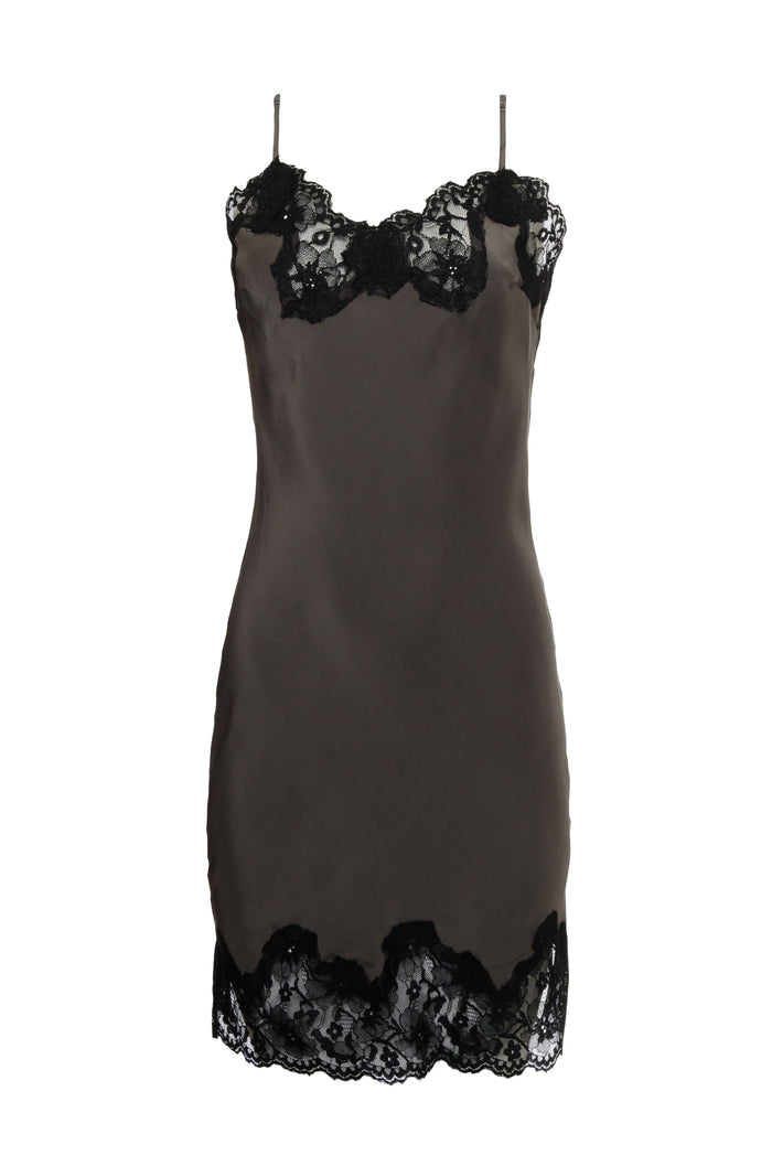 The Marilyn Lace Silk Slip Dress in pewter with black lace.