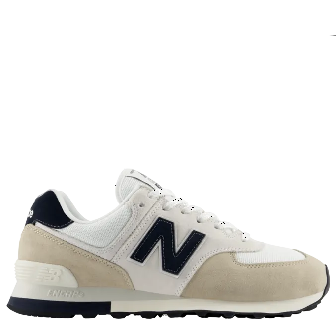 Beige and navy sneaker with New Balance logo on a white background