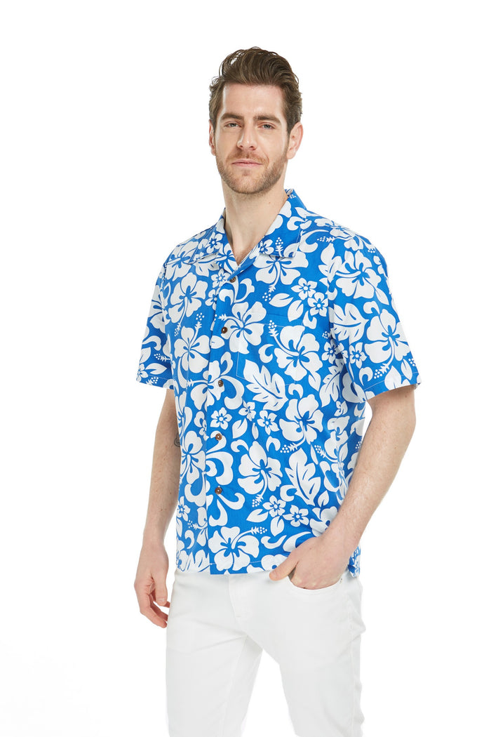 Men's Hawaiian Aloha Shirt in Vintage Hibiscus Blue
