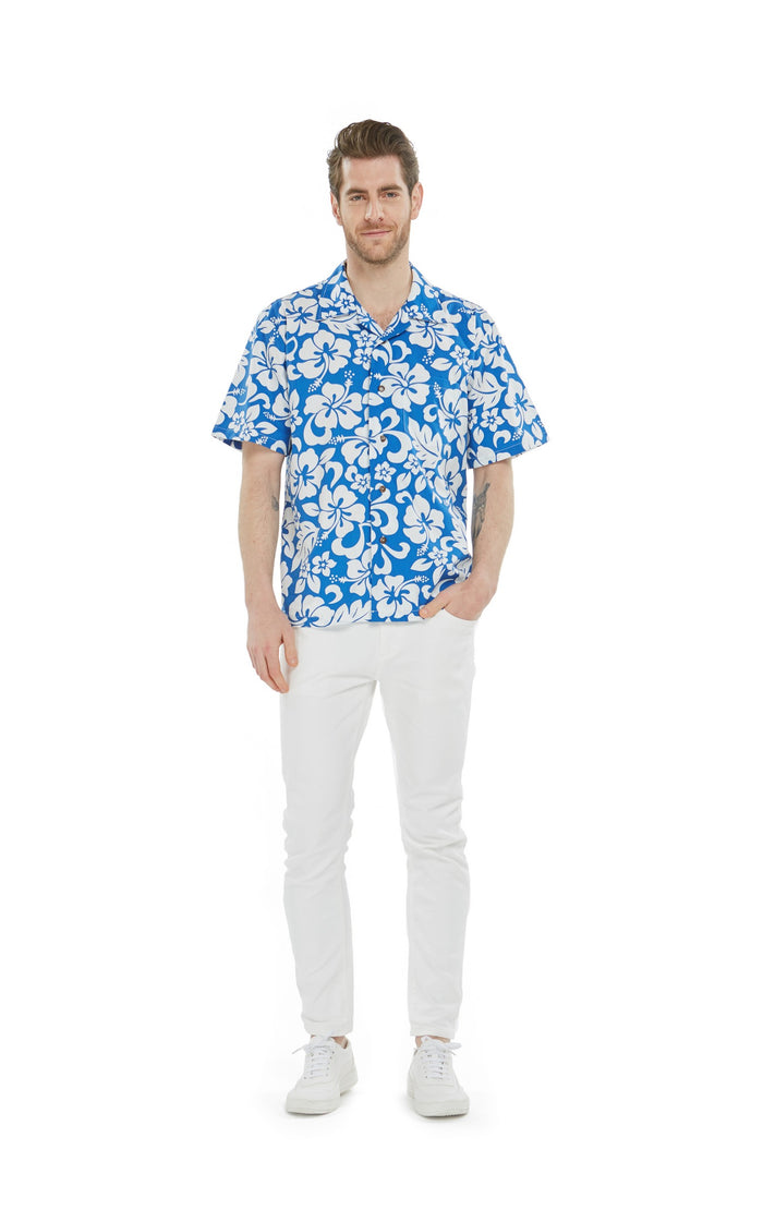 Men's Hawaiian Aloha Shirt in Vintage Hibiscus Blue