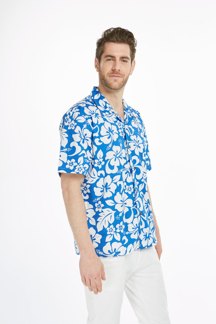 Men's Hawaiian Aloha Shirt in Vintage Hibiscus Blue