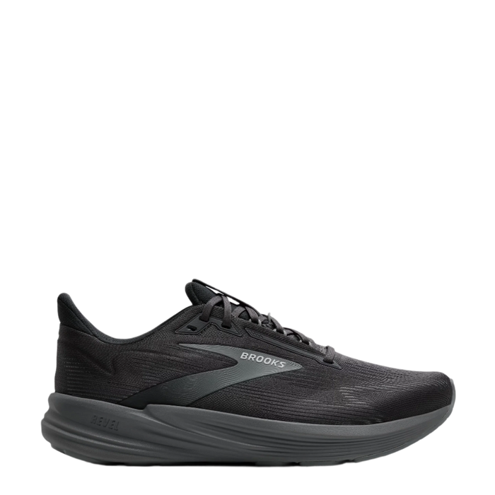Black running shoe with 'Brooks' branding on a white background