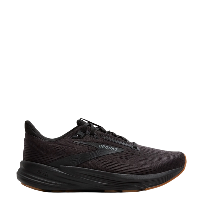 Black running shoe with 'Brooks' branding on a white background