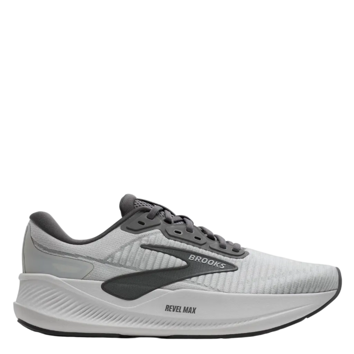 Gray running shoe with black accents on a white background