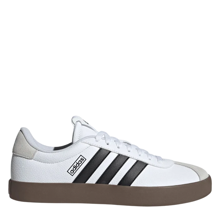 White Adidas sneaker with black stripes on a light gray background
