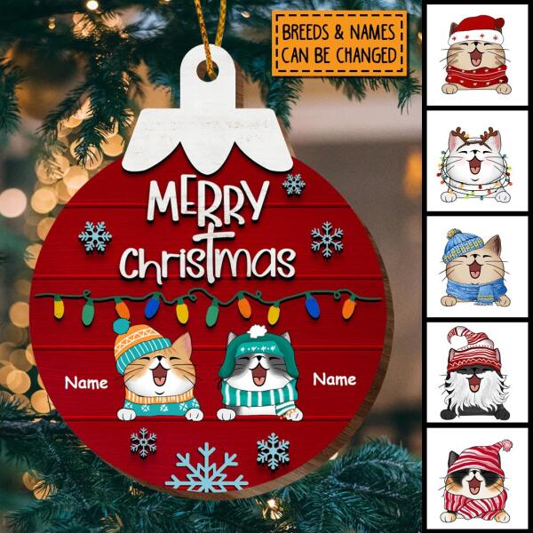 Merry Christmas Red Wooden Ball Shaped Wooden Ornament - Personalized Cat Lovers Decorative Christmas Ornament