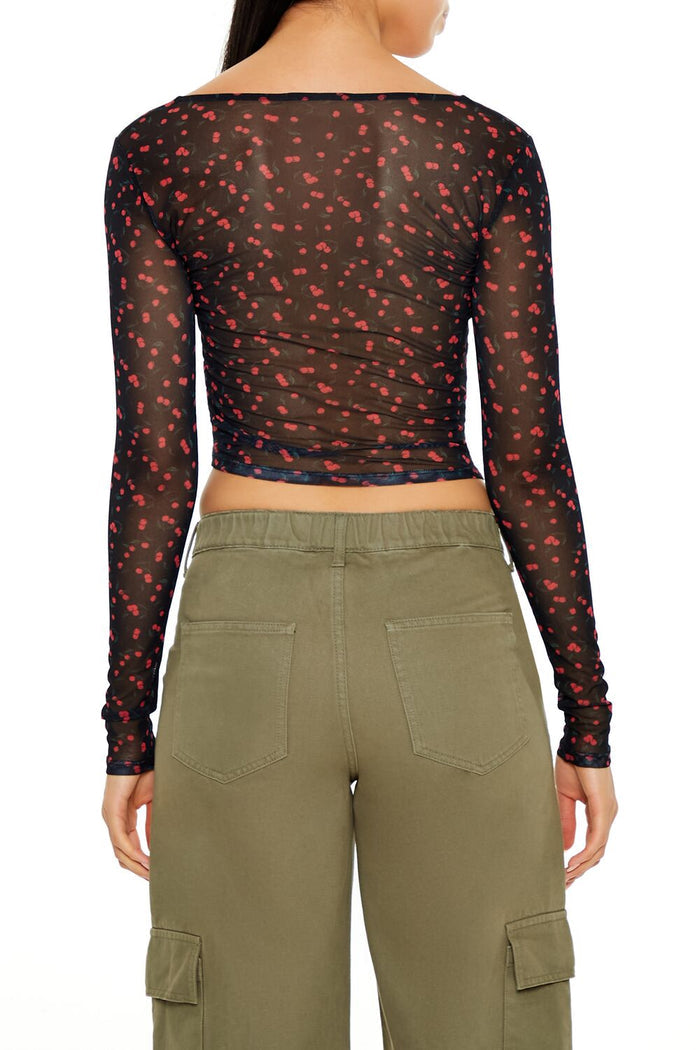 Mesh Cherry Print Crop Top