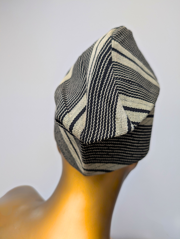 Mide Aso Oke African Cap – Grey Black Stripe (Fila Hat)