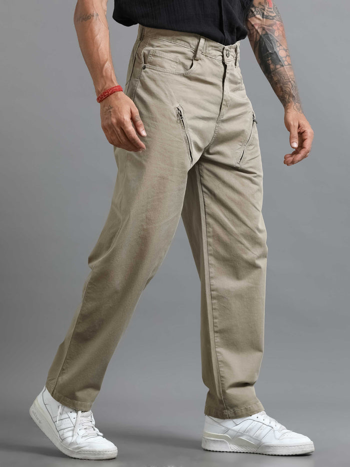 Beige Loose Fit Formal Pants for Men front view - Milano Zip Trouser by Italian Colony
