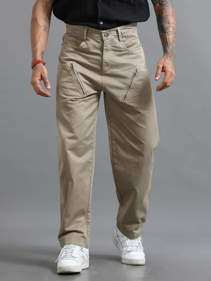 Beige Loose Fit Formal Pants for Men detail view - Milano Zip Trouser by Italian Colony