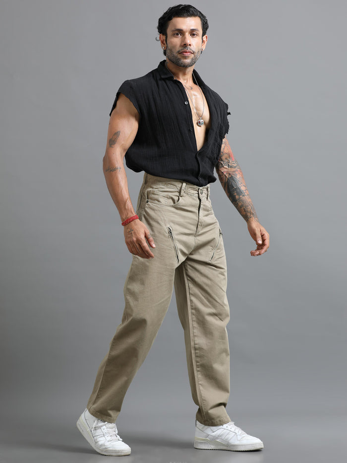 Beige Loose Fit Formal Pants for Men detail view - Milano Zip Trouser by Italian Colony