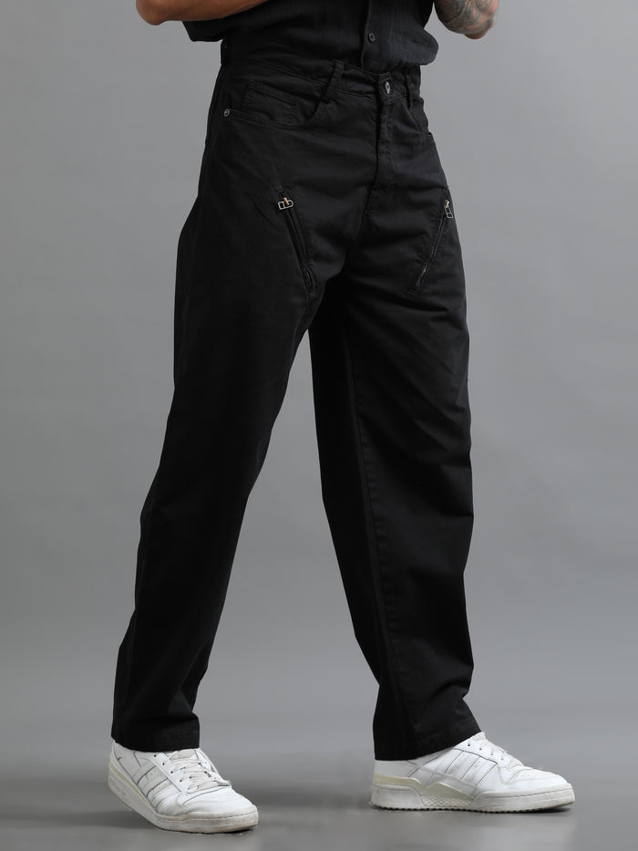 Black Loose Fit Formal Pants for Men front view - Milano Zip Trouser by Italian Colony