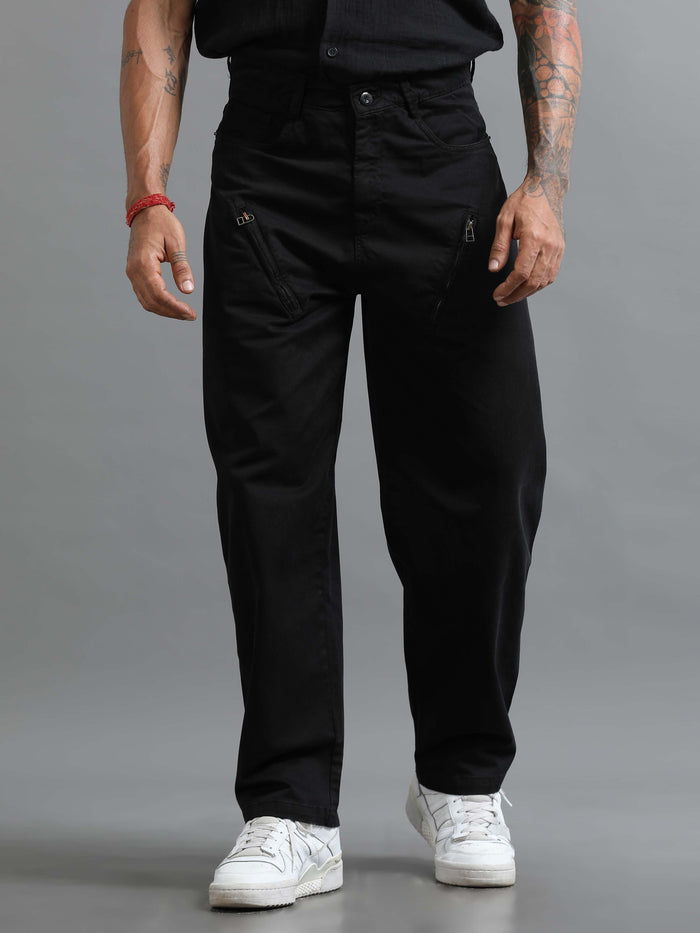Black Loose Fit Formal Pants for Men detail view - Milano Zip Trouser by Italian Colony
