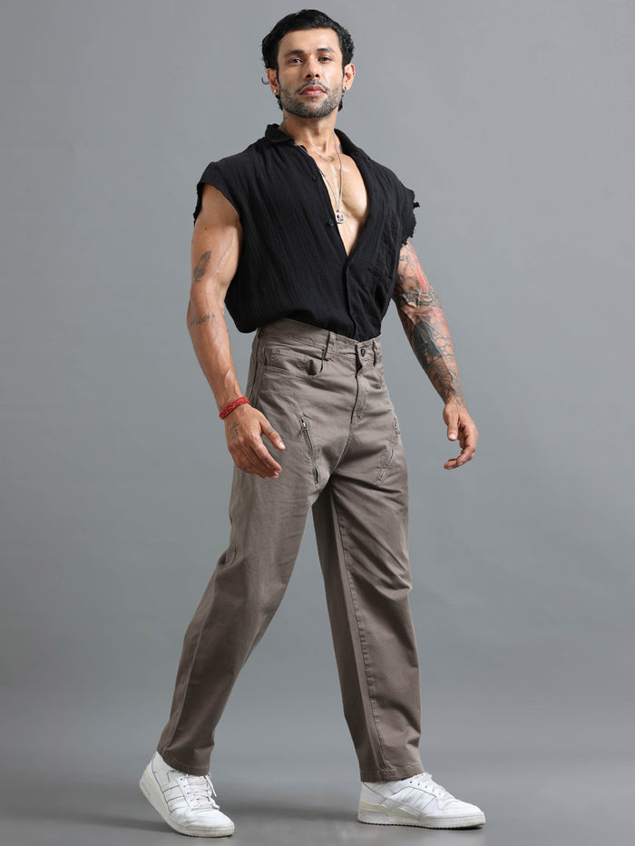 Grey Loose Fit Formal Pants for Men detail view - Milano Zip Trouser by Italian Colony