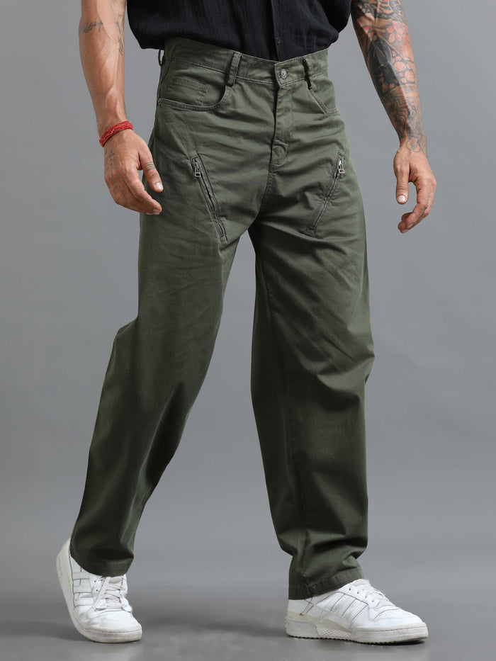Olive Loose Fit Formal Pants for Men front view - Milano Zip Trouser by Italian Colony