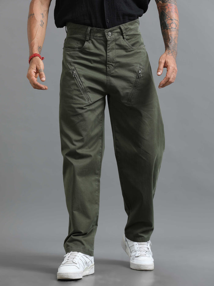 Olive Loose Fit Formal Pants for Men detail view - Milano Zip Trouser by Italian Colony