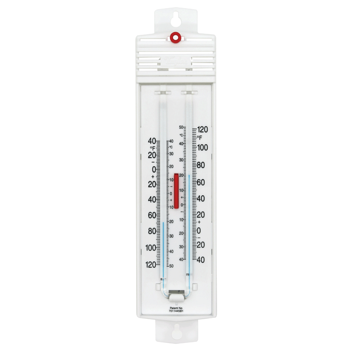 White wall mounted min max thermometer with red indicator and hanging tab