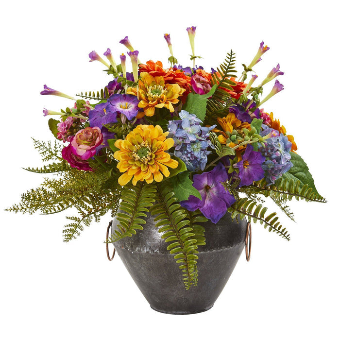 Mixed Flowers Artificial Arrangement in Metal Bowl