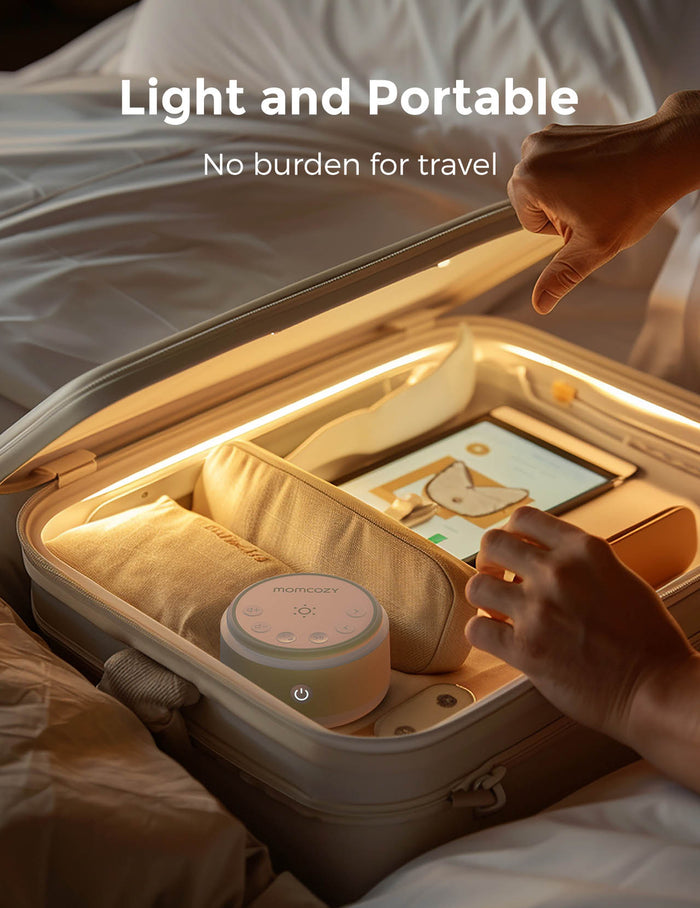 Momcozy portable baby sound machine, perfect for travel, with warm light, promoting peaceful baby sleep