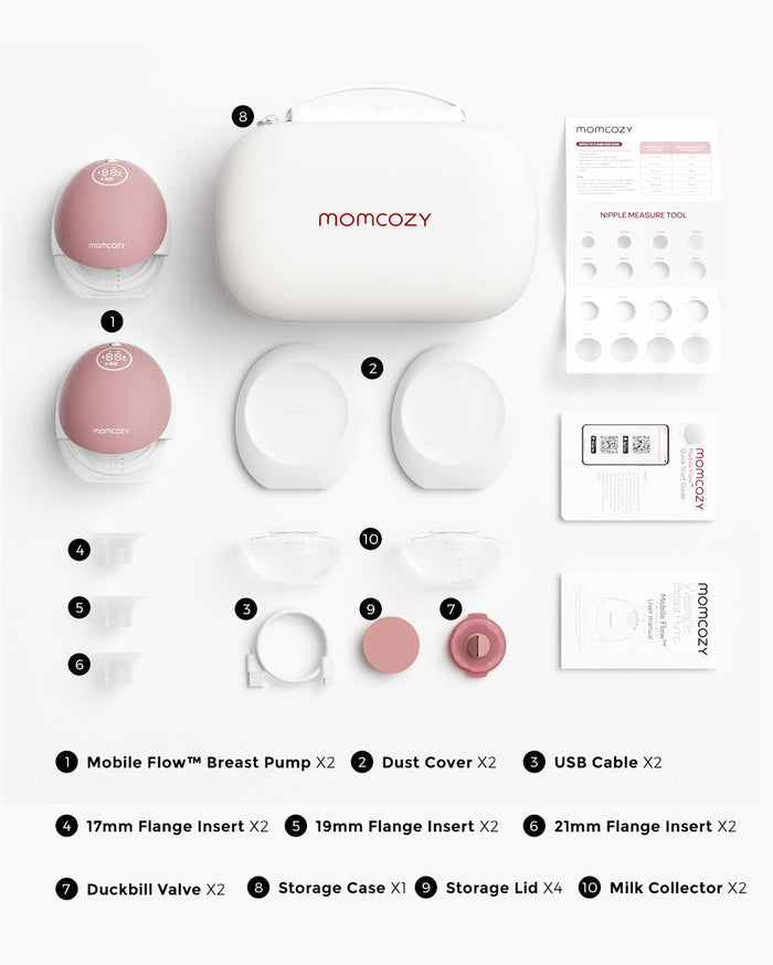 Momcozy Mobile Flow™ hands-free breast pump components laid out with case and accessories.