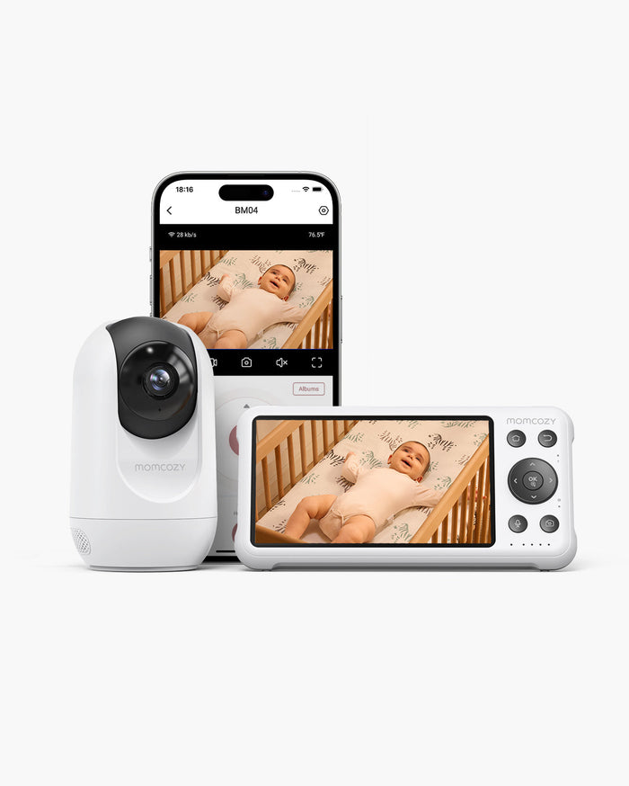 Momcozy BM04 5-inch Dual-mode Smart Baby Monitor showing baby in crib, includes monitor, phone screen, and camera unit