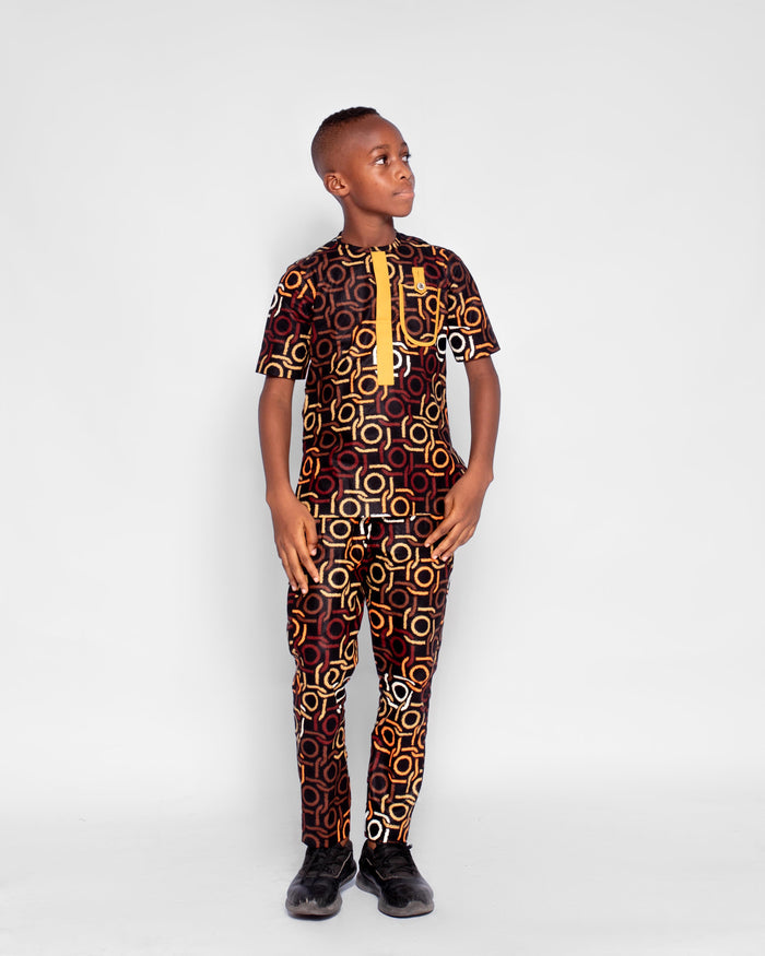 Movio Boys African Co-ord set, (in Brown, yellow gold ankara)