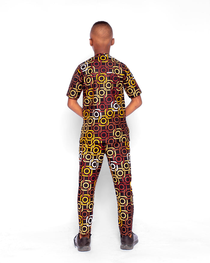 Movio Boys African Co-ord set, (in Brown, yellow gold ankara)