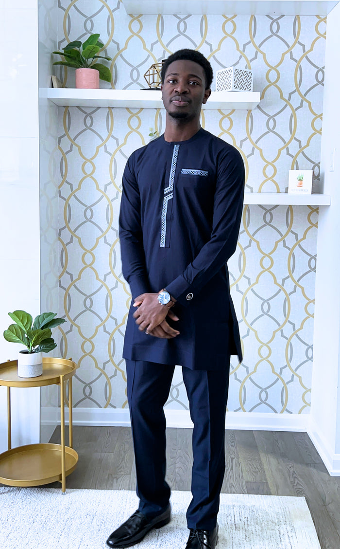 Musa Men's Dashiki Co-ord Set in Navy Blue, Long sleeve