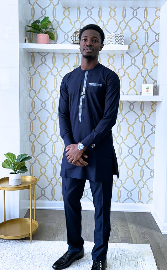 Musa Men's Dashiki Co-ord Set in Navy Blue, Long sleeve