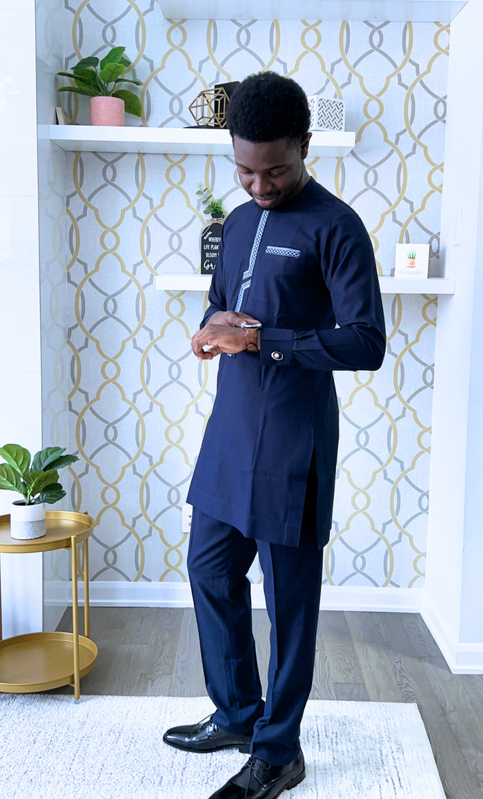 Musa Men's Dashiki Co-ord Set in Navy Blue, Long sleeve