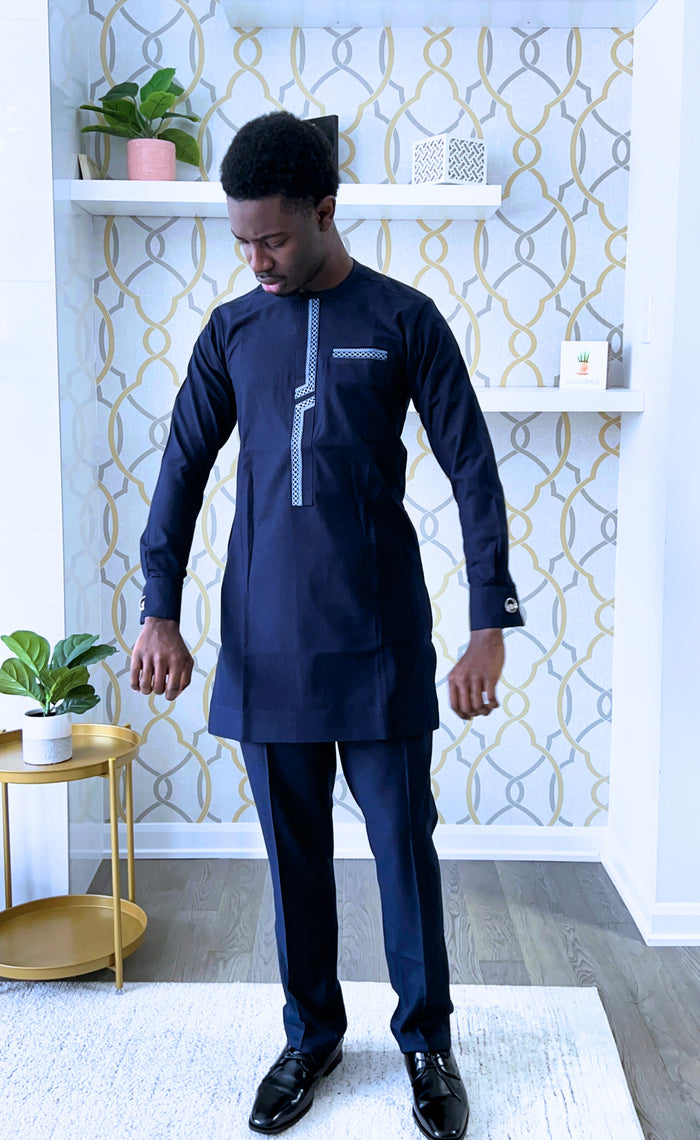 Musa Men's Dashiki Co-ord Set in Navy Blue, Long sleeve