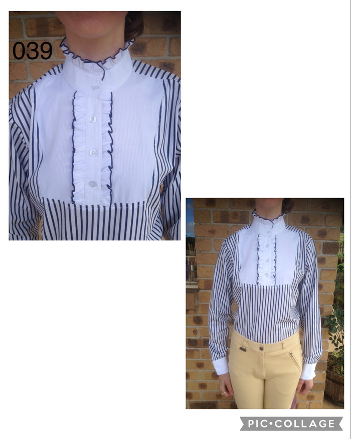 Navy & White Striped Long Sleeved Ruffle Shirts Adults (039)
