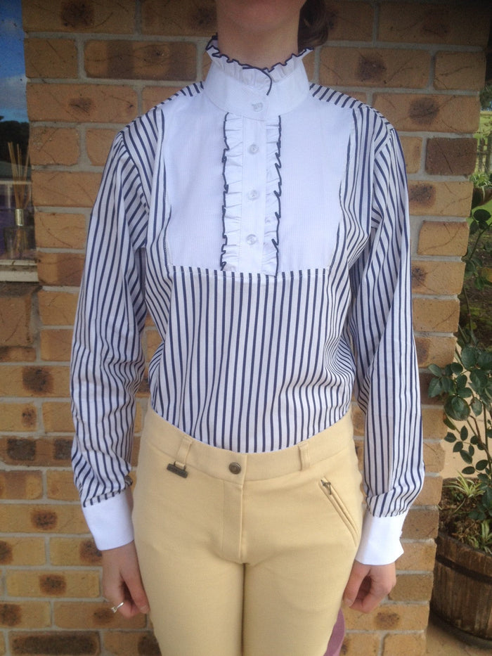 Navy & White Striped Long Sleeved Ruffle Shirts Adults (039)