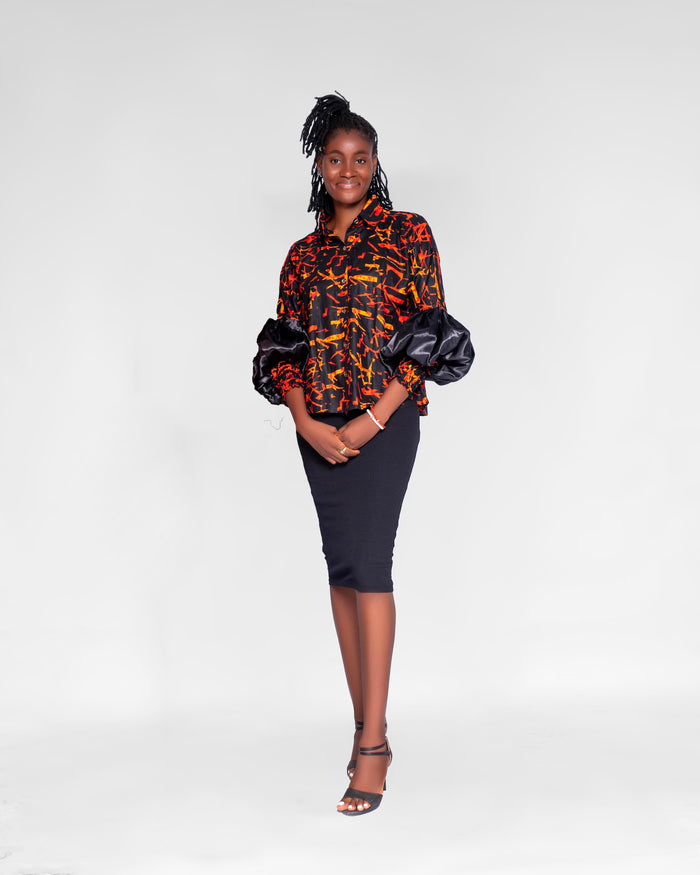 Naya Women's African Shirt with Puff Sleeves (in dark Orange Ankara)