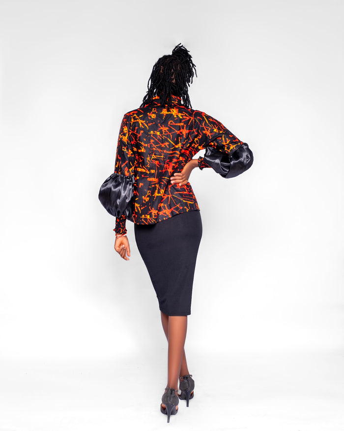 Naya Women's African Shirt with Puff Sleeves (in dark Orange Ankara)