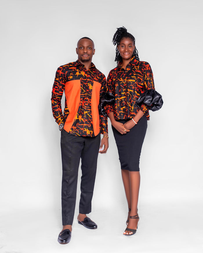 Naya Women's African Shirt with Puff Sleeves (in dark Orange Ankara)