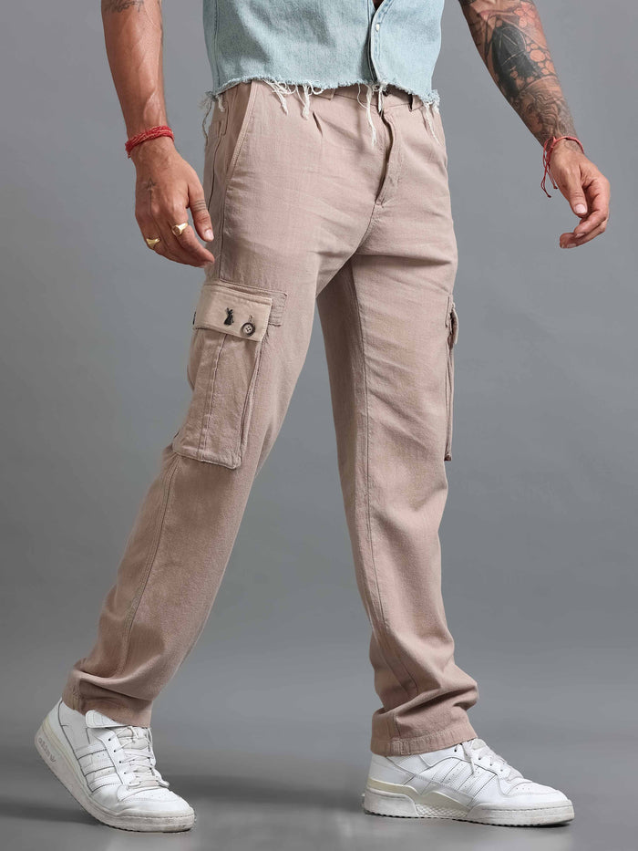 Beige Linen Cargo Pants for Men front view - Nomade Utility Linen Cargo by Italian Colony