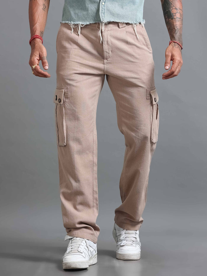 Beige Linen Cargo Pants for Men detail view - Nomade Utility Linen Cargo by Italian Colony