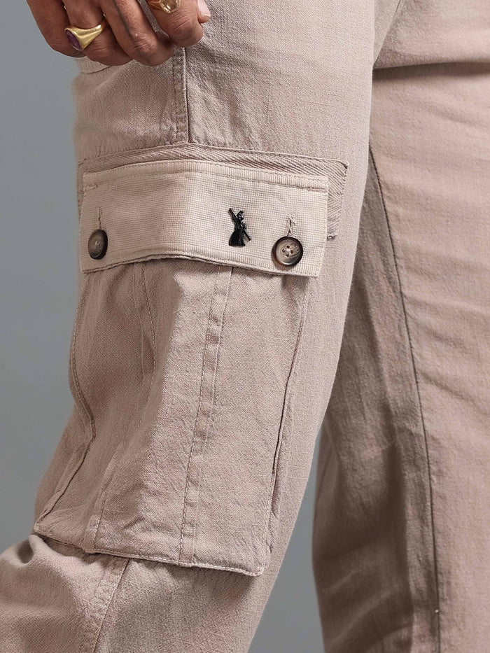 Beige Linen Cargo Pants for Men detail view - Nomade Utility Linen Cargo by Italian Colony