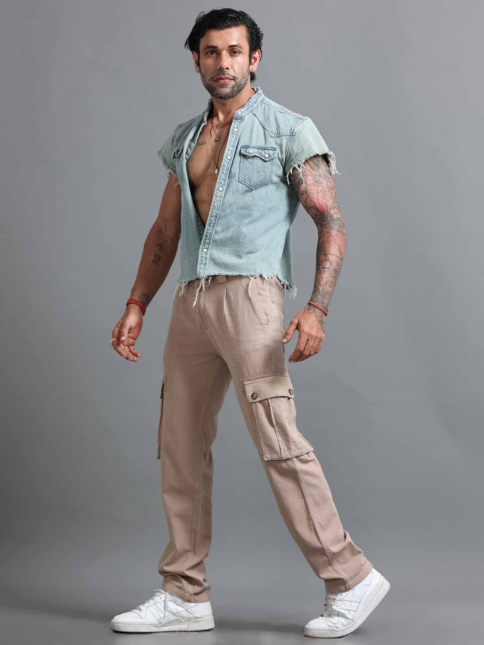 Beige Linen Cargo Pants for Men detail view - Nomade Utility Linen Cargo by Italian Colony