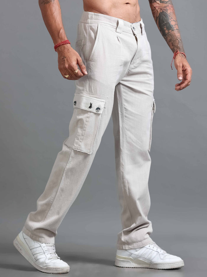 Light Grey Linen Cargo Pants for Men front view - Nomade Utility Linen Cargo by Italian Colony