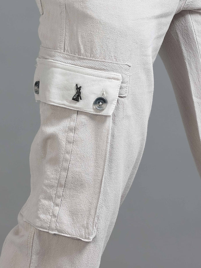 Light Grey Linen Cargo Pants for Men detail view - Nomade Utility Linen Cargo by Italian Colony