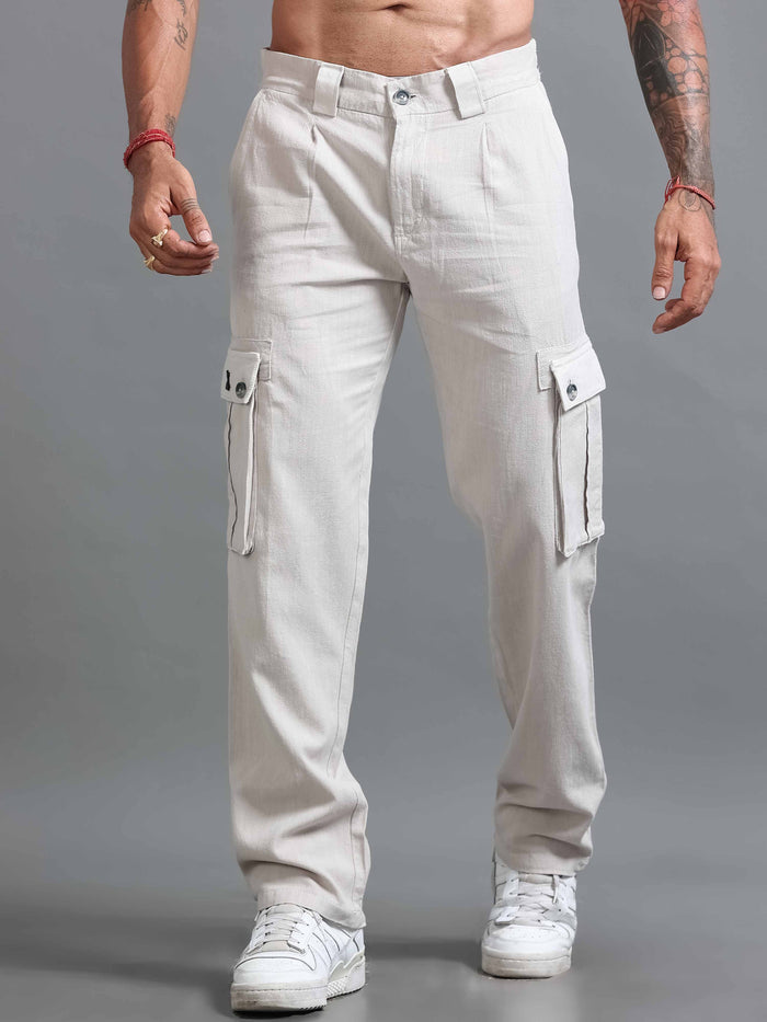 Light Grey Linen Cargo Pants for Men detail view - Nomade Utility Linen Cargo by Italian Colony