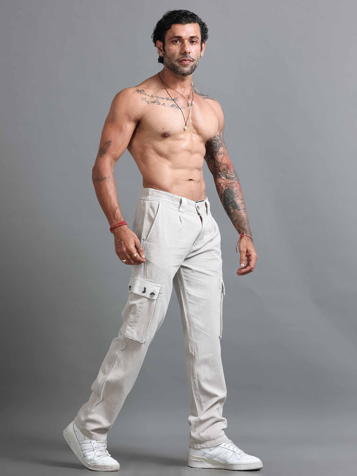 Light Grey Linen Cargo Pants for Men detail view - Nomade Utility Linen Cargo by Italian Colony