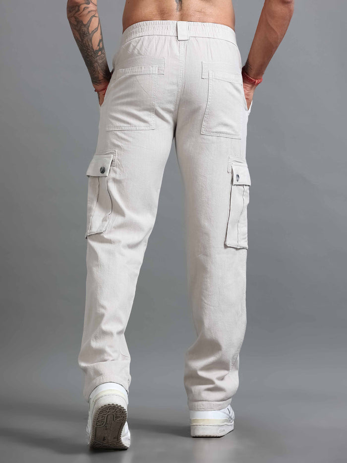 Light Grey Linen Cargo Pants for Men detail view - Nomade Utility Linen Cargo by Italian Colony